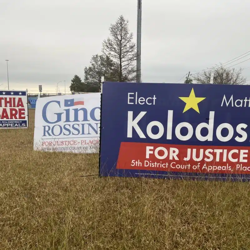 Campaign signs for judicial candidates in Richardson, Texas, November 2024.