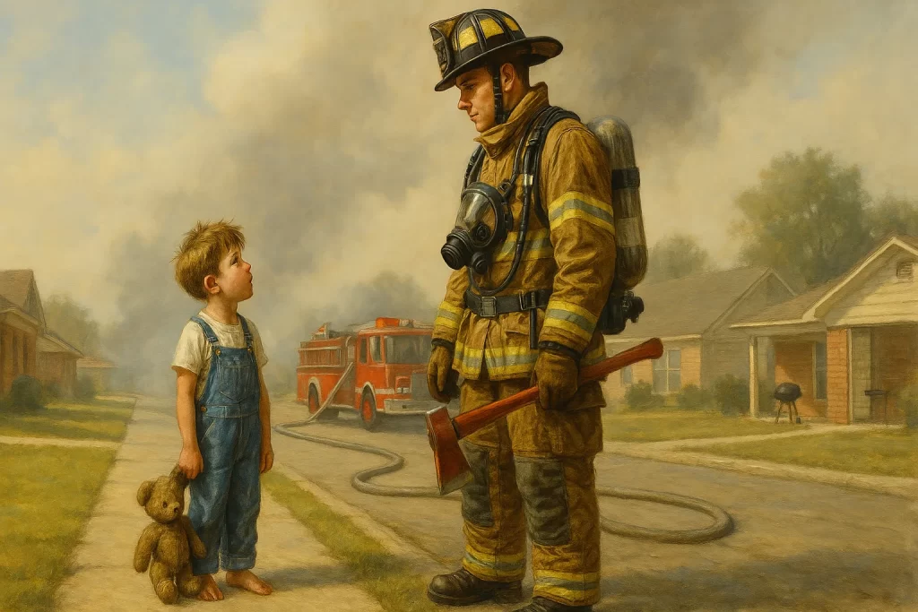 Boy and Firefighter Oil Painting