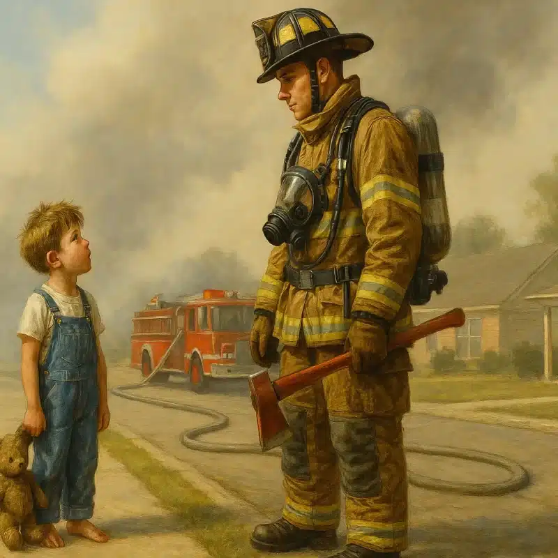 Boy and Firefighter Oil Painting