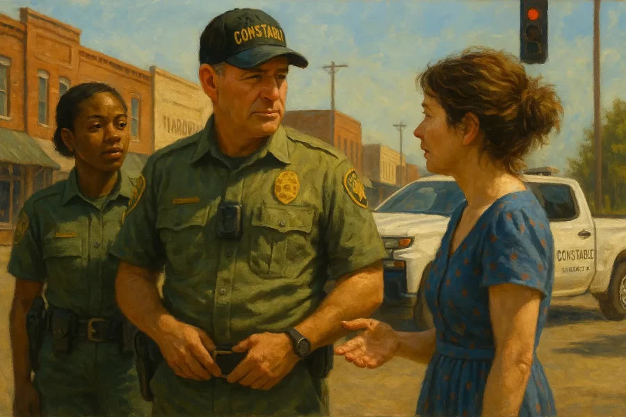 Oil painting of constables in small town in Texas talking to a citizen