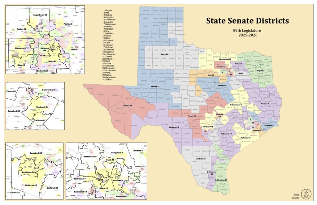 Map of State Senate Districts in Texas (89th Legislature, 2025-2026)