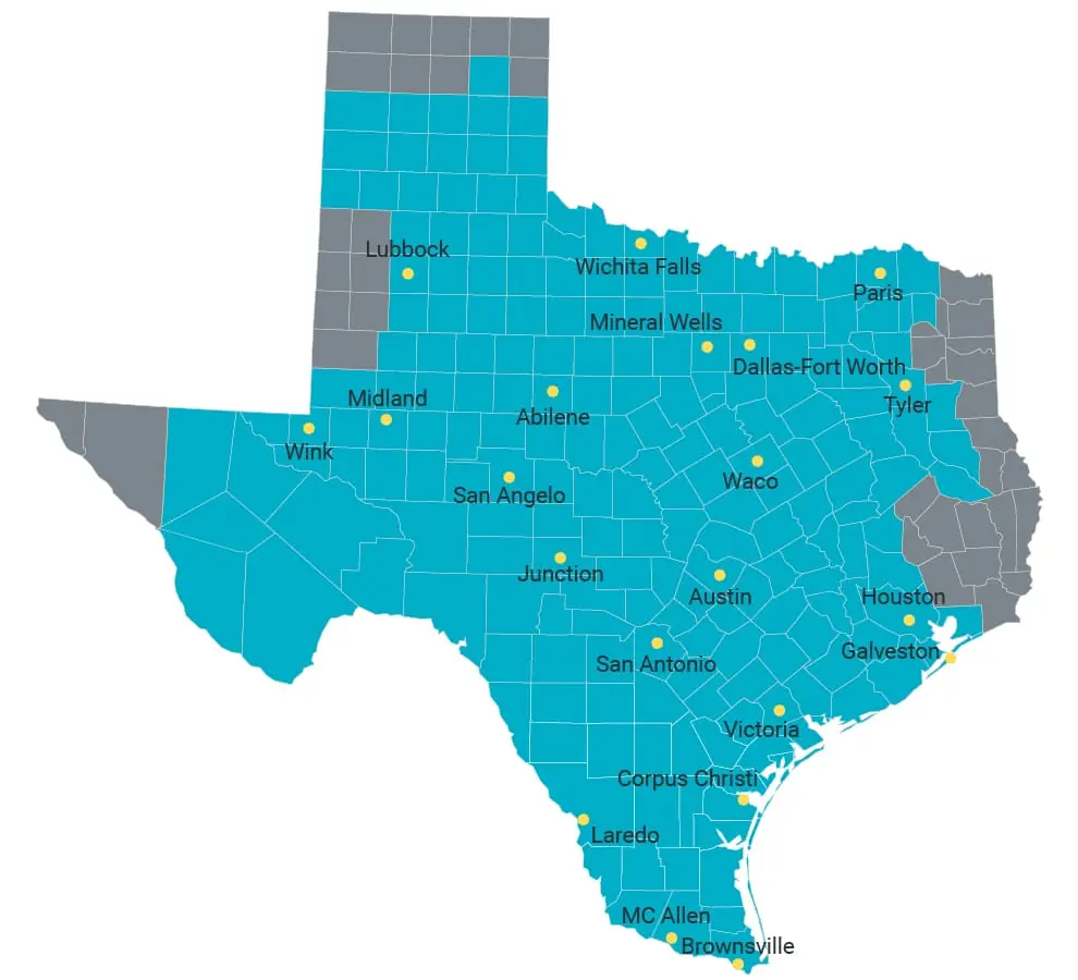 Map of the ERCOT Service Region, which covers most of Texas (2025).