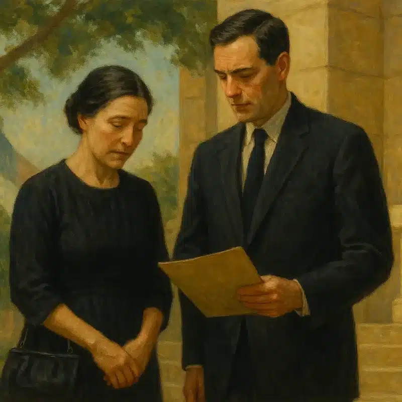Artistic rendering of a grieving widow standing with her lawyer outside a courthouse while he holds a piece of paper for the court.