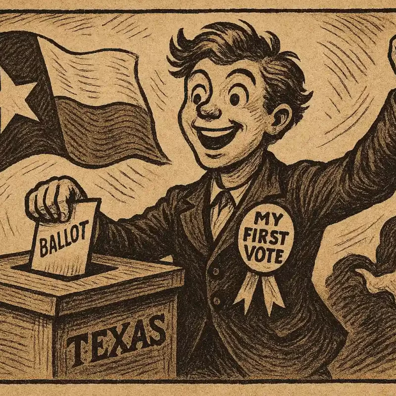 Illustration of an excited young voter casting his first ballot.