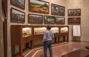 Museum at the San Jacinto Battleground displaying paintings and dioramas of the battle.