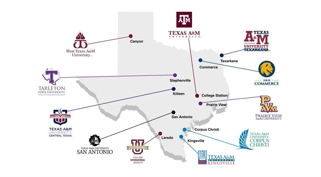 Map of the universities (campuses) of the Texas A&M University System located in Canyon, Commerce, Texarkana, College Station, Killeen, Prairie View, Corpus Christi, Kingsville, San Antonio, and Laredo.