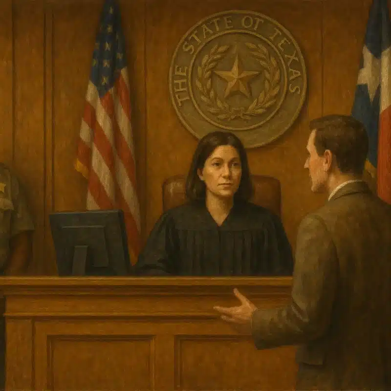 Illustration of a courtroom in Texas showing a seated judge flanked by a bailiff, while a lawyer speaks and gestures in front of the judge's bench.