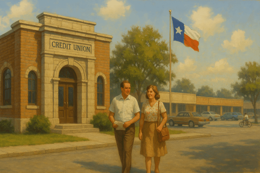 Oil painting of a couple leaving a credit union in Texas.