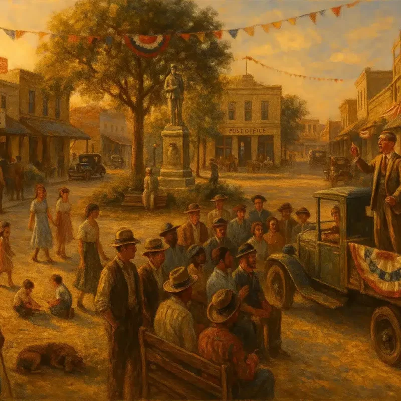 Oil painting of town square in Texas, 1920s setting, politician on flatbed truck is speaking to crowd.