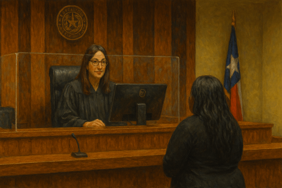 Painting of municipal court judge speaking to a woman who is standing in front of the bench with a Texas flag next to the judge.