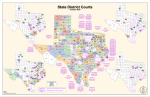 Map of Texas state district courts by county, with larger counties having many courts and smaller counties usually sharing a courts with neighboring counties.