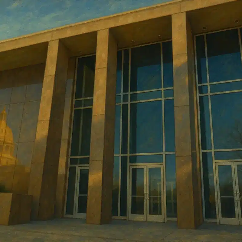 Artistic rendering of the front facade of the Texas Supreme Court building, which is built in Stripped Classical style.