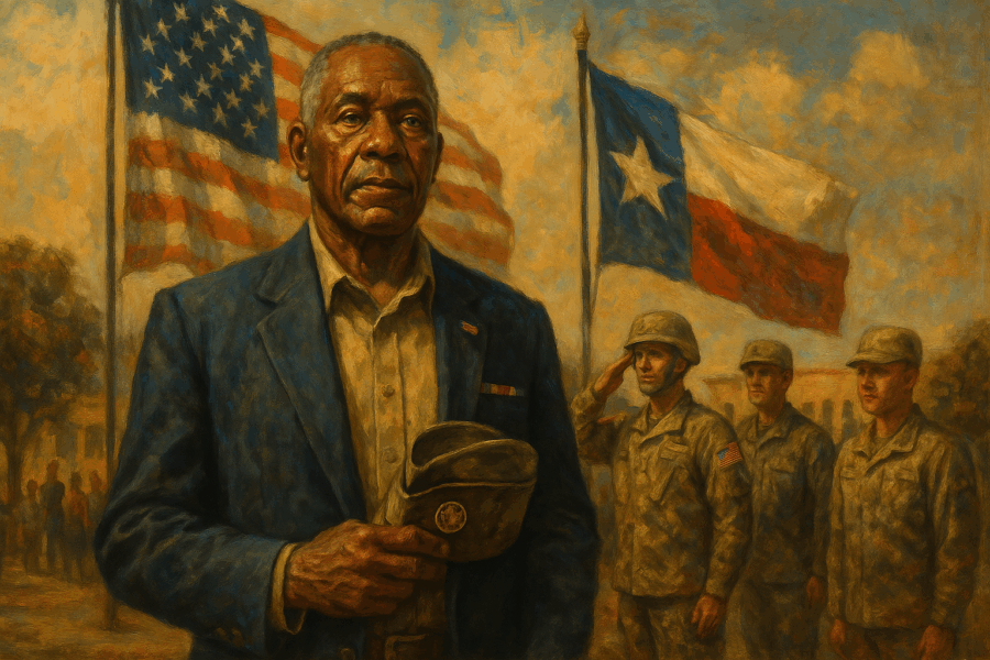 Oil painting of an elderly veteran and uniformed soldiers saluting, alongside Texas and U.S. flags.
