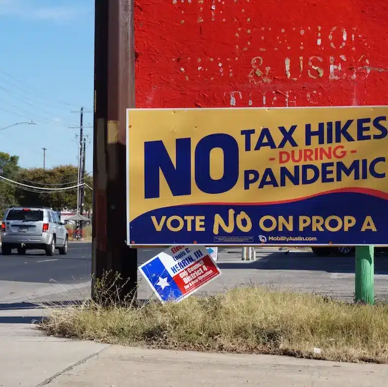 austin tax rate election campaign poster