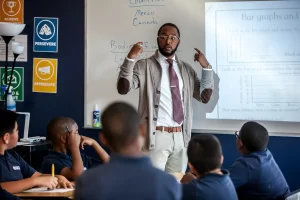 Teacher at charter school in Texas instructing a group of students listening.