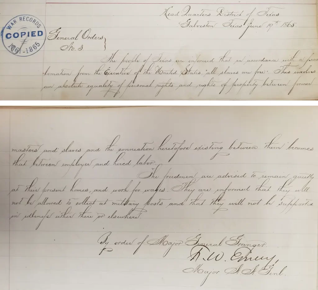 Handwritten orders issued by Major-General Gordon Granger, June 19, 1865