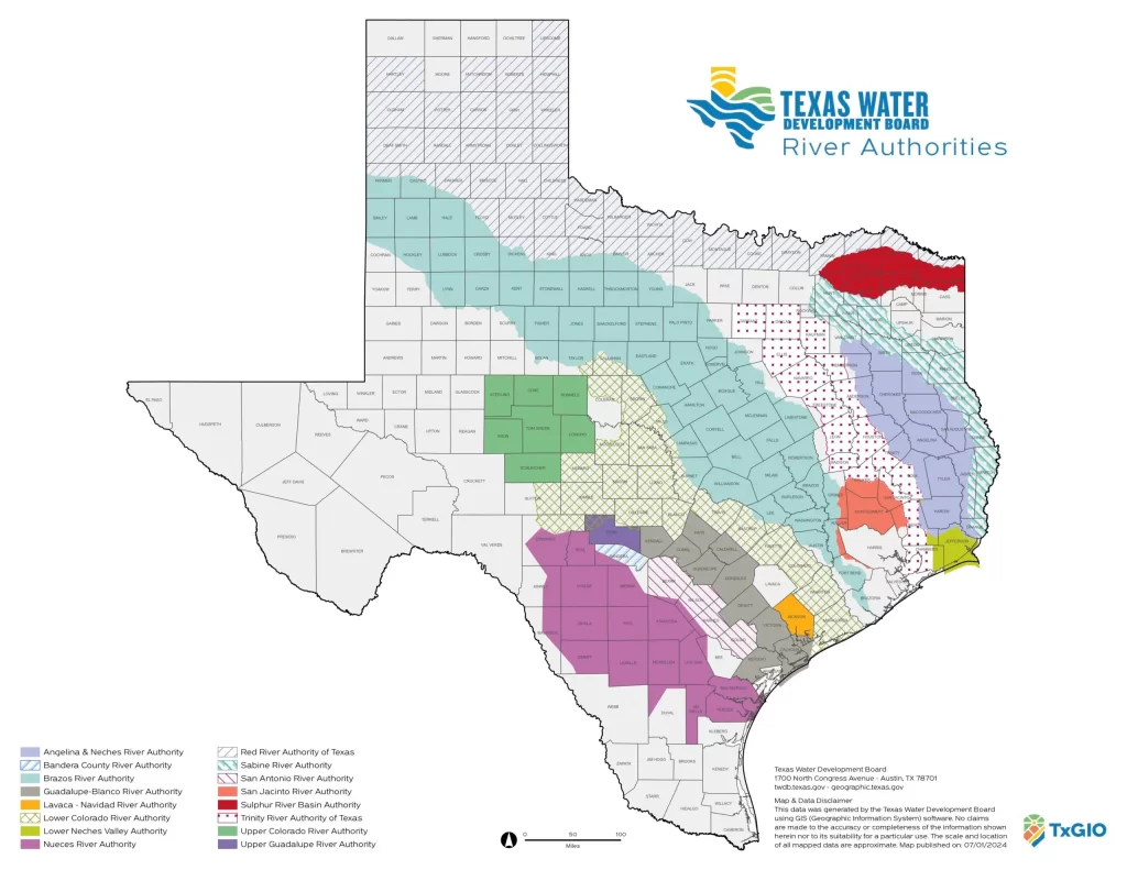 Map of River Authority jurisdictions in Texas