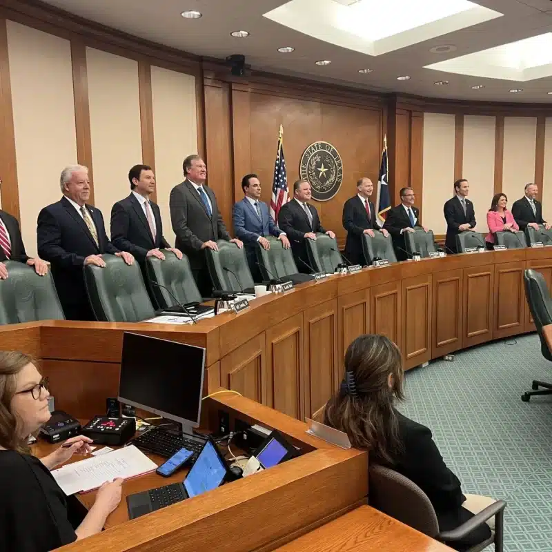 Meeting of the Sunset Advisory Commission at a legislative hearing room in the Texas Capitol Extension.