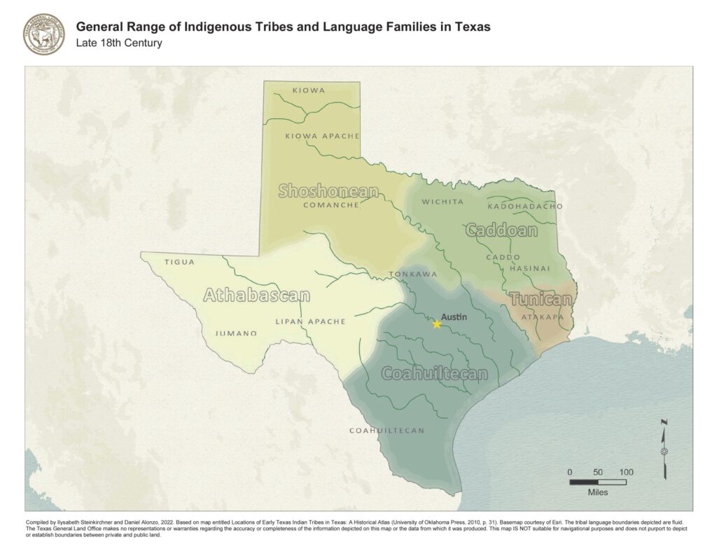 General Range of American Indian Tribes in Texas in Late 1700s, including the Comanche, Caddo, Lipan Apache, Tonkawa, and Atakapa