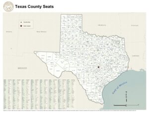Map of the county names and boundaries of all the counties of Texas, and the names and locations of the county seat of each county.