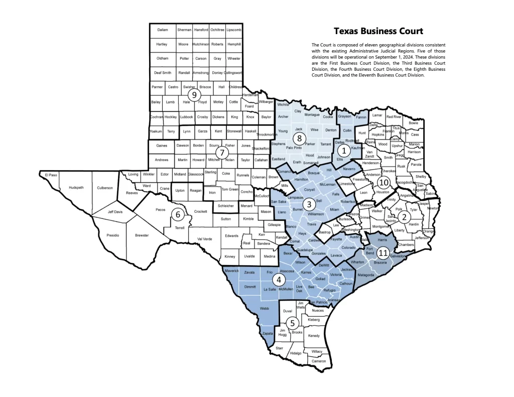 Map of Texas with five regions (not all of state is covered) showing jurisdiction of the business courts.