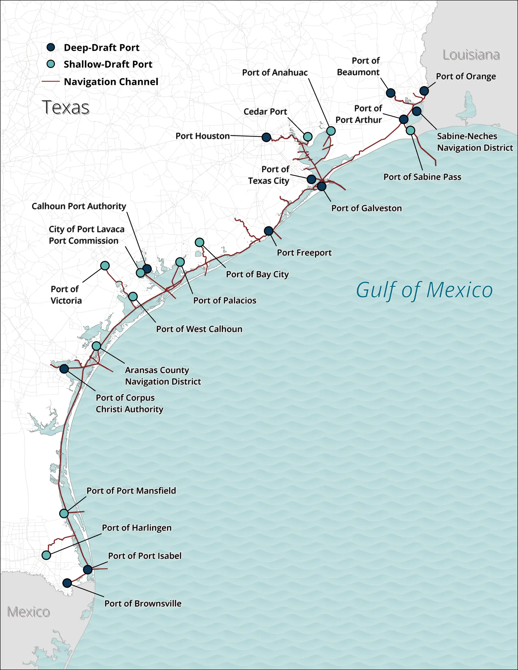 Map of all sea ports in Texas, including both deep-draft and shallow-draft harbors.