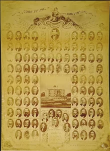 Composite photo of members of the 1875 Constitutional Convention, which adopted the modern constitution of Texas, before voters approved it in 1876.