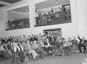 Segregated meeting with Black attendees in balcony and whites on ground floor in San Augustine Texas in 1939.