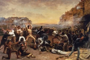 Painting of the Fall of the Alamo, showing Davy Crockett making a last stand alongside other Alamo defenders as the Mexican Army attacks.