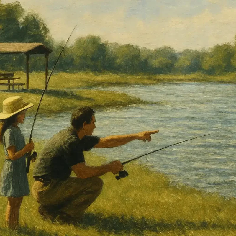 Father and Daughter fishing oil painting