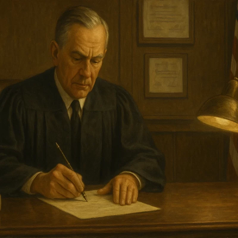 Illustration of a Texas judge signing a protective order in his chambers.
