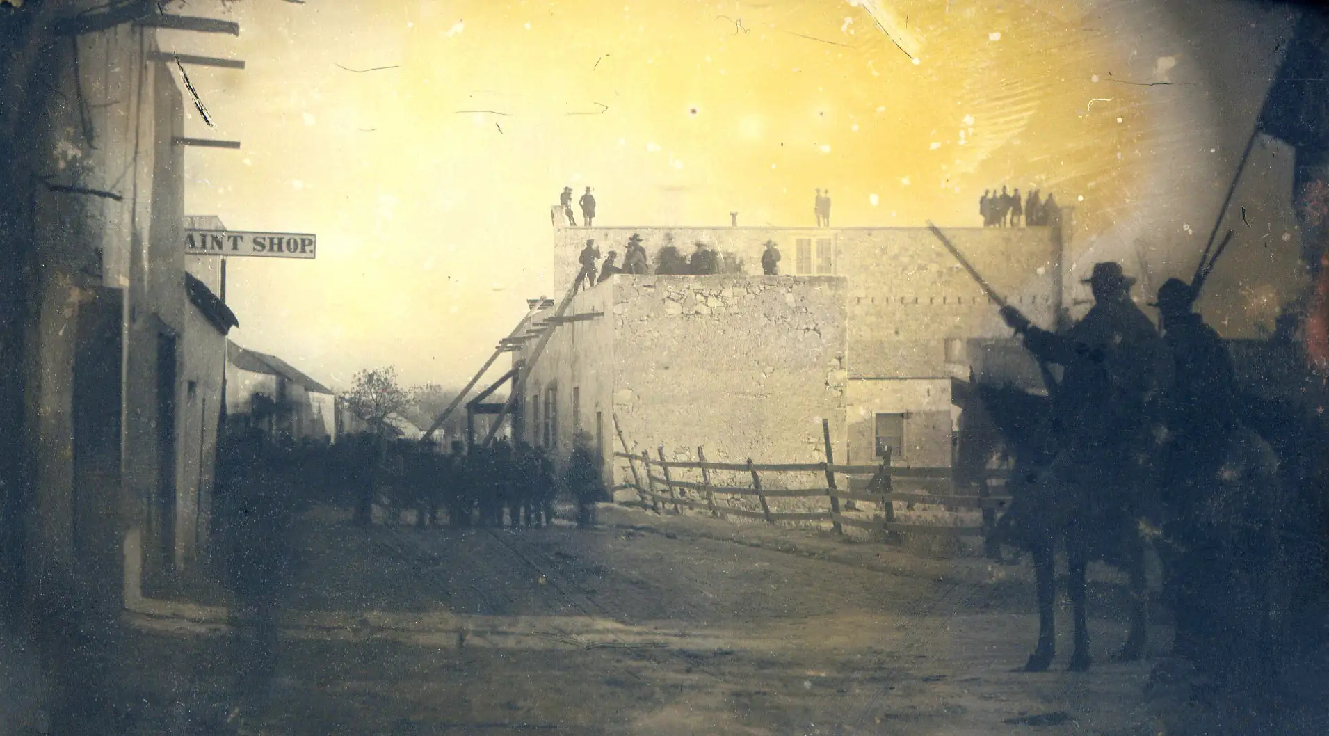 Scene from San Antonio in February 1861, depicting preparations for the surrender of 2,500 federal troops and stores under the command of General David Emanuel Twiggs to the Confederate authorities led by Colonel Ben McCulloch (Texas State Library and Archives).