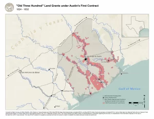 Map of original Austin Colony land grants in Texas, belonging to the "Old Three Hundred," compiled by the Texas General Land Office from historical records.