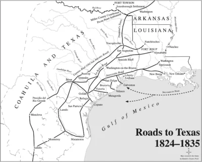 Map of the roads to Texas during the era of Mexican rule, including roads to Louisiana, Arkansas, Coahuila, Tamaulipas, and Monterrey