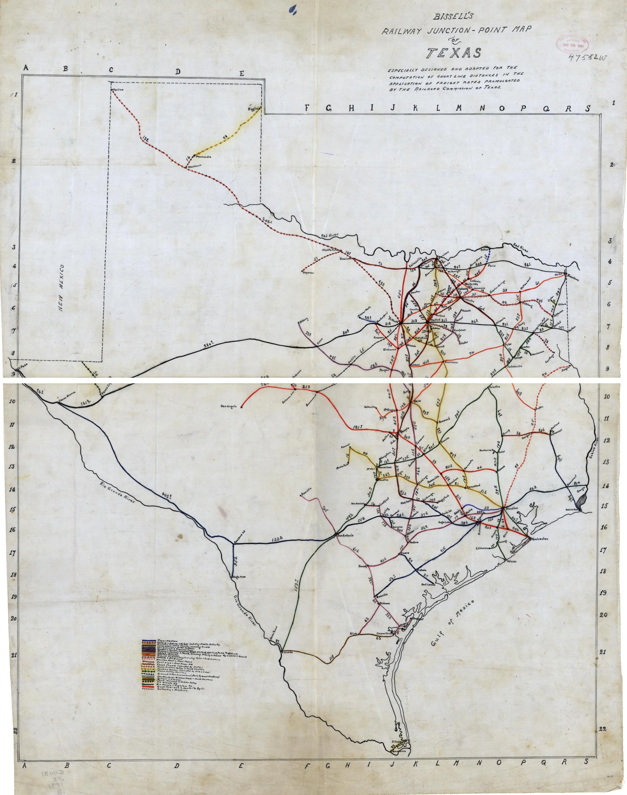 Hand sketched railway map of Texas in 1891