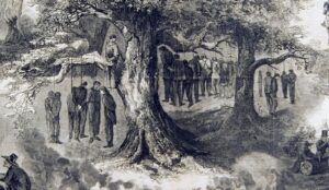 Illustration of the Gainesville Mass Hanging of Deserters during the Civil War