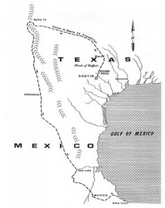 Map of the route of the Santa Fe expedition in 1841, including its capture and route into Mexico.