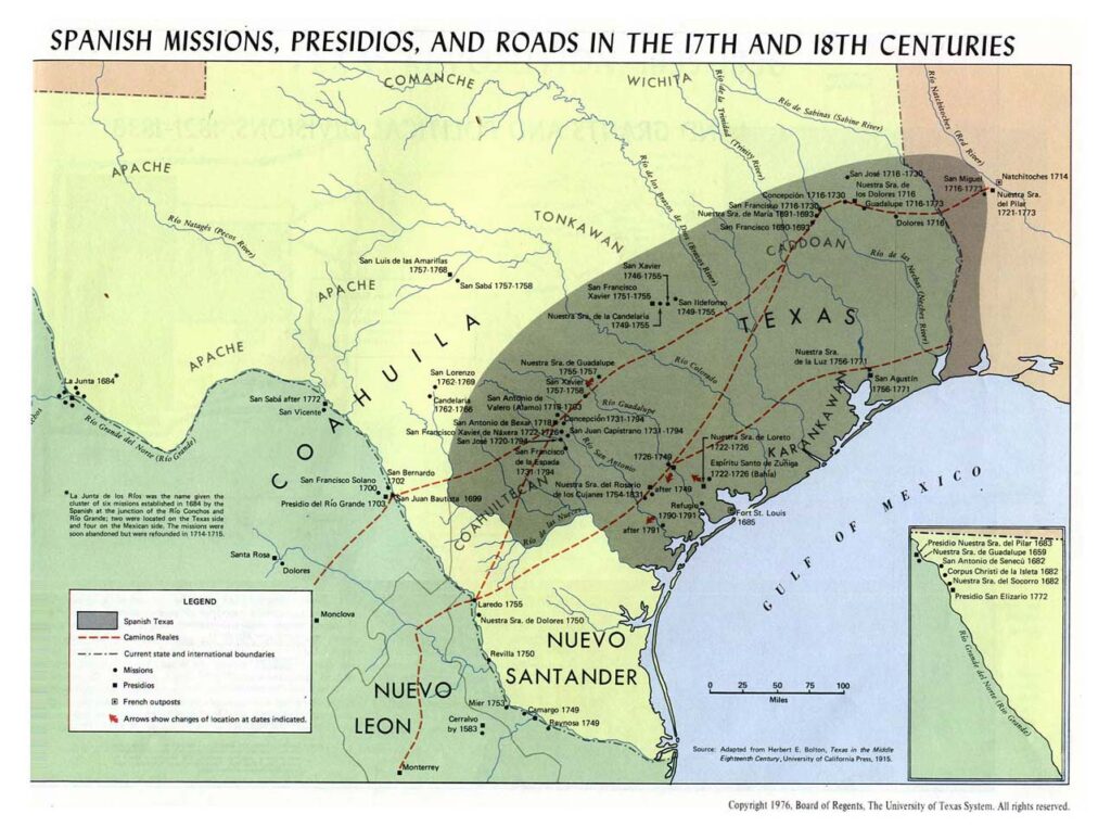 Map of Spanish missions, presidios, and roads in Texas in the 17th and 18 centuries.