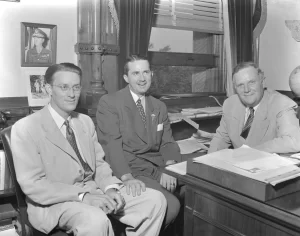 Beauford Jester (right) with his successor Allan Shivers (center) and Speaker of the House Durwood Manford on June 8, 1949, a month before the governor's death.