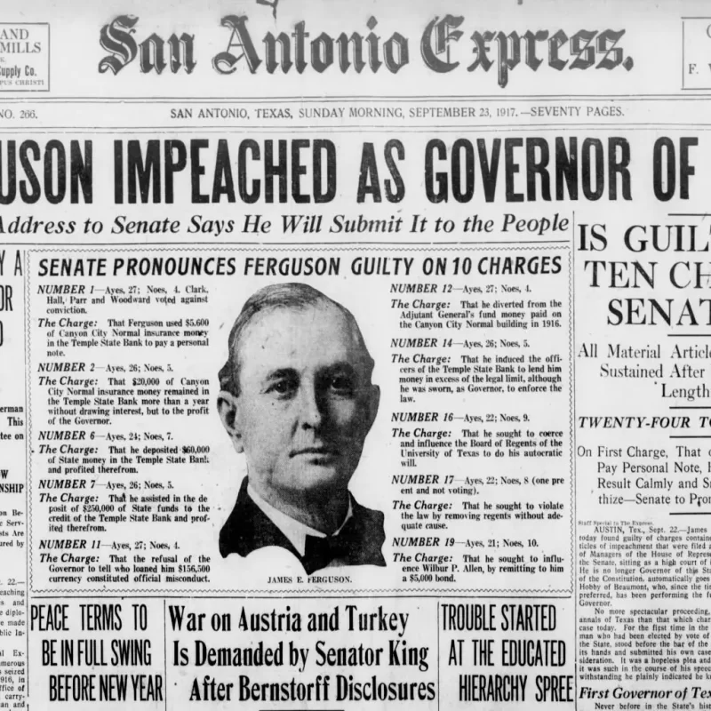 Newspaper with headline saying "Ferguson impeached as governor of Texas."