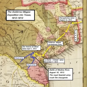 Map of the military movements during the Gutiérrez–Magee Expedition of 1812-1813.