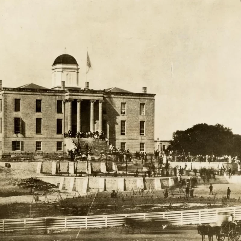 Second Texas State Capitol building as seen in an historic photograph taken in 1875.