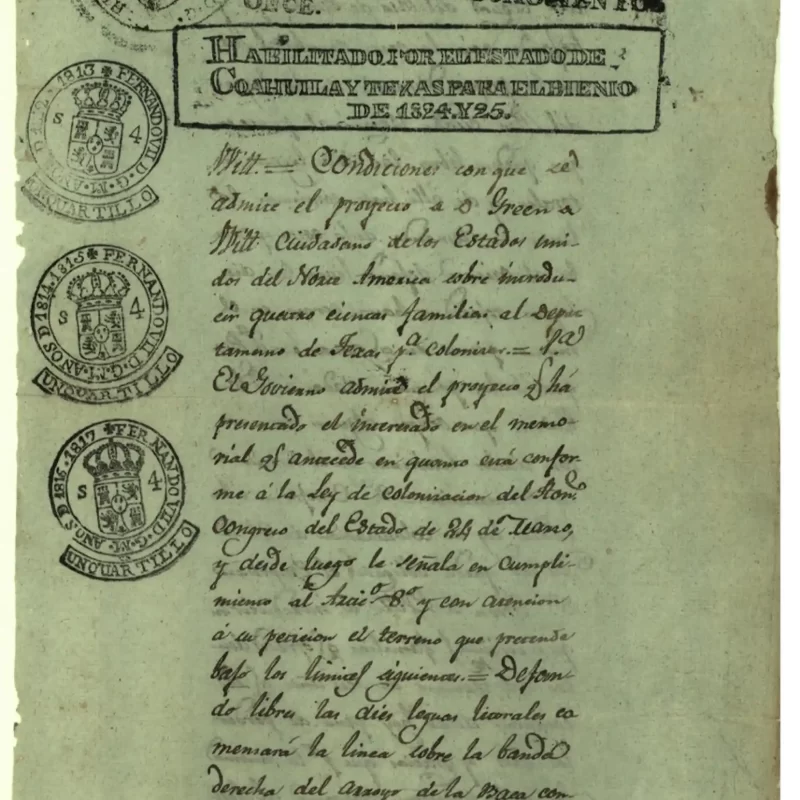 Page 3 of the original 1825 signed empresario contract in Spanish between Green DeWitt and the Mexican government