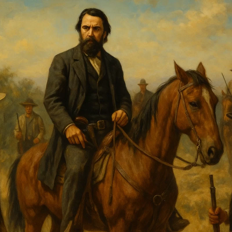 Imagined illustration of Juan “Cheno” Cortina, based on his appearance in later photographs, on horseback speaking with two armed followers, with other riders in the background.