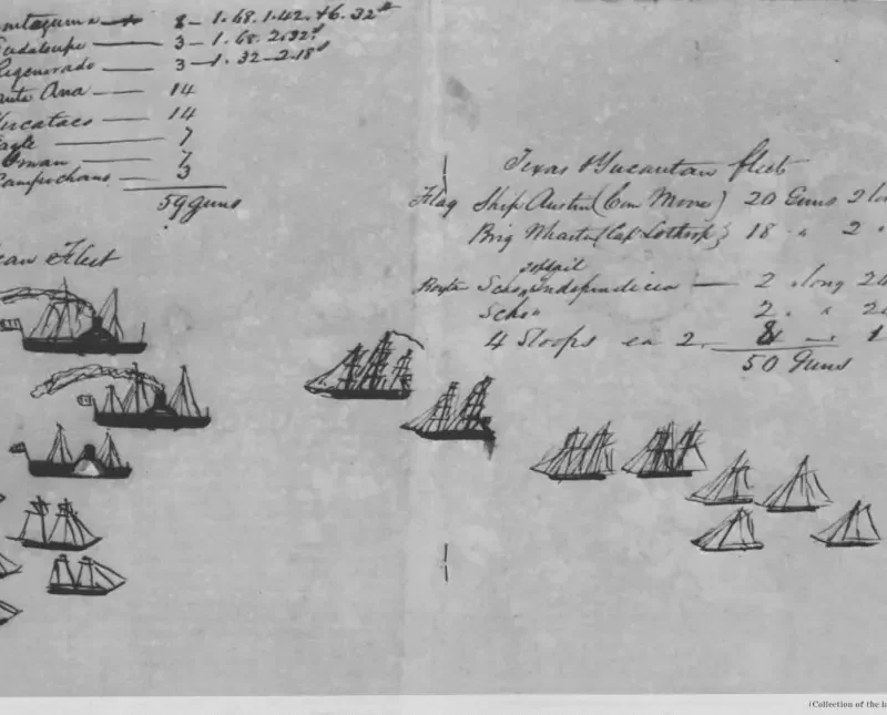 Contemporary sketch comparing the strengths of the Mexican and Texan fleets during the battle of Campeche, 16 May 1843. Published in U.S. Navy Department. Naval History Division. Texas Navy, book, January 1, 1968.