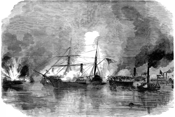 Illustration of naval combat during the Battle of Galveston Bay in 1863.