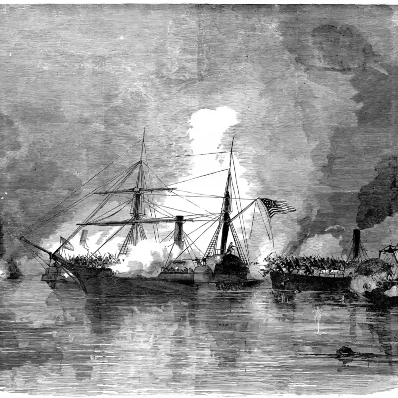 Illustration of naval combat during the Battle of Galveston Bay in 1863.