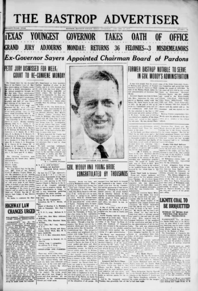 Newspaper coverage of Governor Moody's inauguration in January 1927.