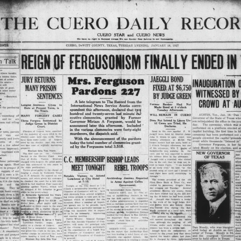 Newspaper headline from 1926 saying "Reign of Fergusonism Finally Ended in Texas," with coverage of Dan Moody's inauguration.